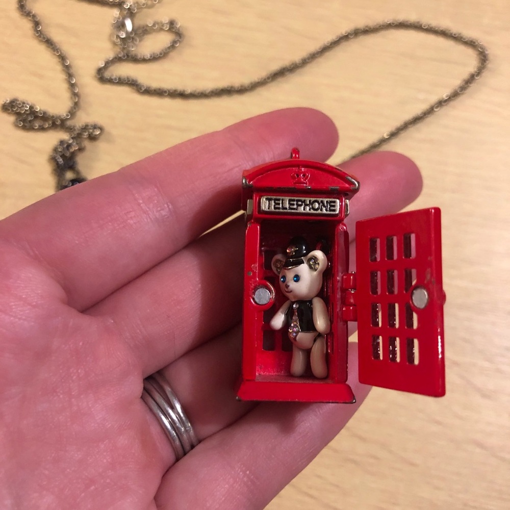 Betsey Johnson Red Telephone Booth Necklace with Bear Charm